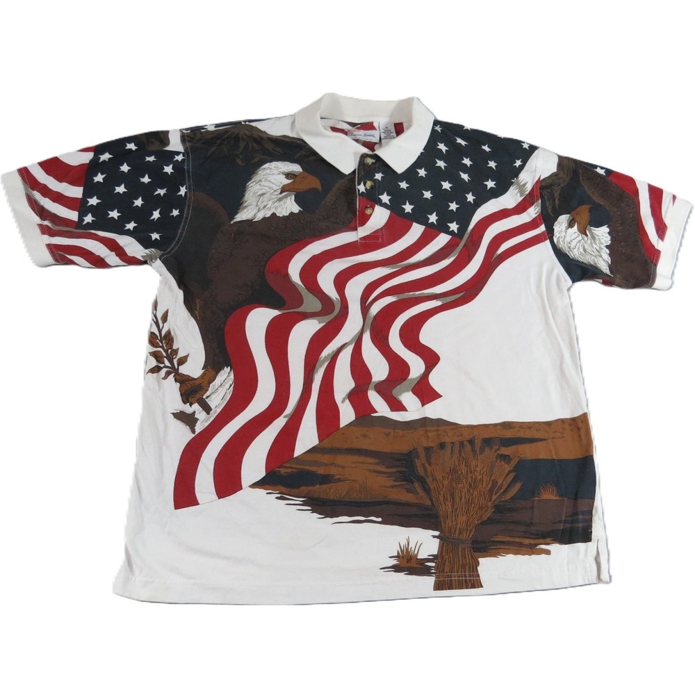 American Summer Patriotic Polo Shirt Men XL Eagle USA Flag AOP July 4th Casual